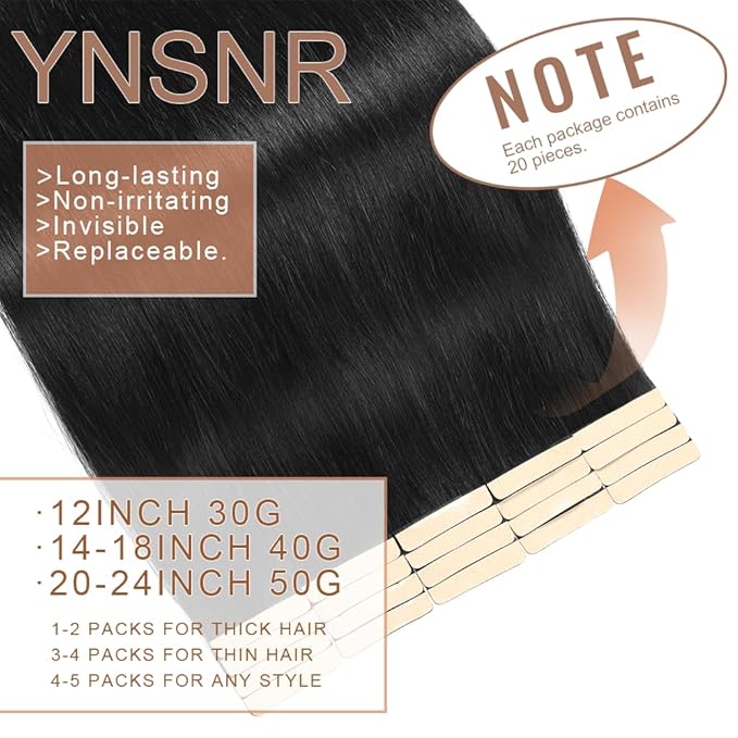 Tape in Hair Extensions Human Hair,14 Inch Seamless Tape In Hair Extensions Real Human Hair 20Pcs Jet Black Tape Ins for Women