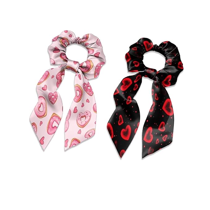 Heart Dessert Elastic Ribbon Bow Hair Ties 2 Piece Pink Black Knotted Bow Hair Scrunchies Chic Hair Scarf Valentine's Day Ribbon Scrunchies