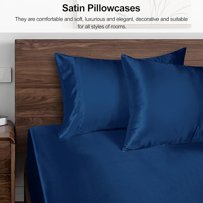Lirex Satin Pillowcase 2-Pack, Standard Size Satin Pillowcase Soft Solid Color Microfiber Satin Pillowcase, Envelope Closure Wrinkle Free Fade Resistant Breathable, Navy Blue