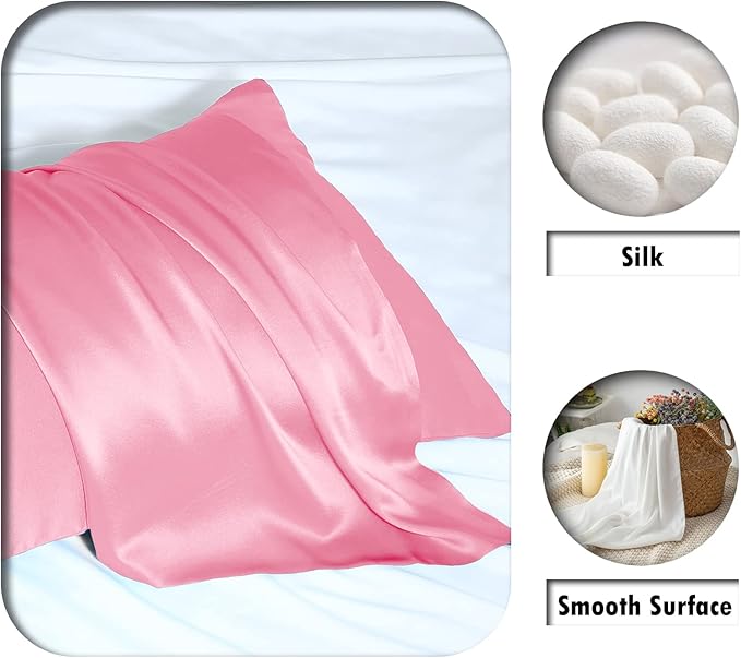 Natural Mulberry Silk Pillowcase for Hair and Skin Standard Size 20"X 26" Case with Hidden Zipper Soft Breathable Smooth Cooling Silk Pillow Covers for Sleeping(Pink,1Pcs)