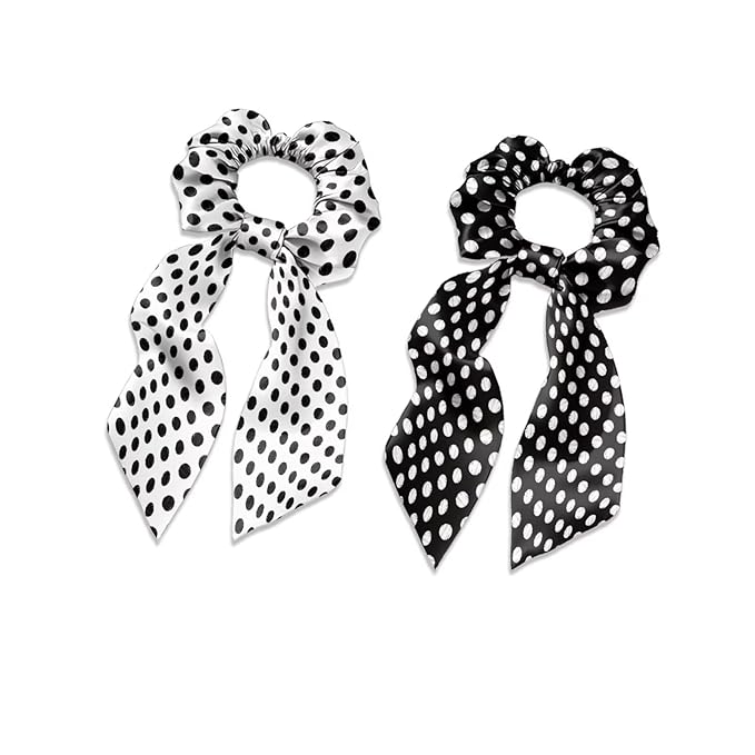 White Black Ribbon Bow Elastic Hair Ties for Women 2 Pack Polka Dot Knotted Bow for Women Travel No Damage Scarf Scrunchy for Thick Hair