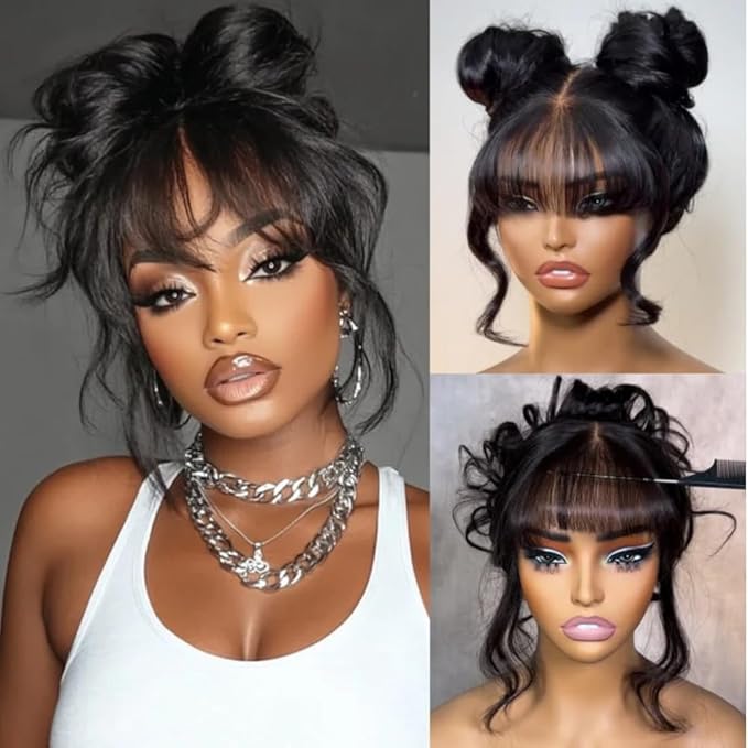 KLAIYI Fluffy Body Wave Curtain Bang Wig Bye Bye Knots Glueless Pre Cut 7x5 Lace Front Wigs Human Hair Loose Wave Pre Bleached Pre Plucked Pre Everything 3S Easy to Wear and Go Wig 180% Density 20Inch