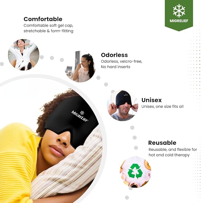 Migrelief Migraine Relief Cap - Ice Cap for Migraines and Headaches with 360 Degree Head and Eye Coverage - Cold Therapy Headache Hat and Migraine Mask for Natural Pain Relief - One Size, Black