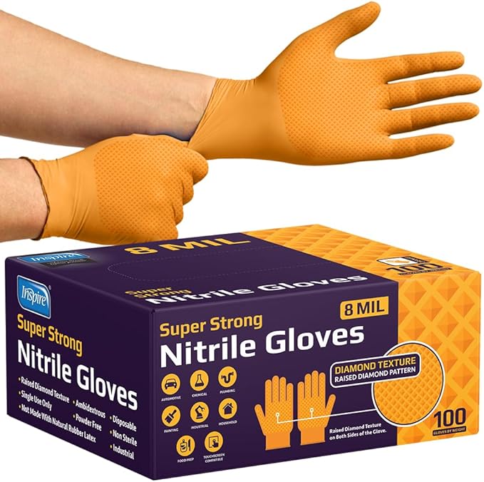 Inspire HEAVY DUTY ORIGINAL Stretch Nitrile Black Gloves Disposable Latex Free | Food, Mechanic, 6mil Black or 8 Mil Orange