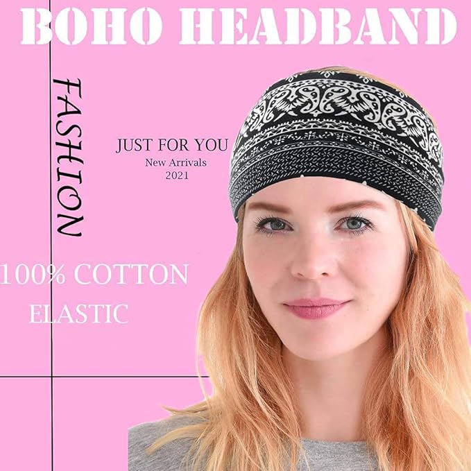 Yeshan Wide Bandana headbands for Women Boho Bandeau Headband Knot Hair Scarf Bands Stretch Floral Printed Non Slip Head bands Elastic Turban Head Wraps Thick African Headband,Pack of 6