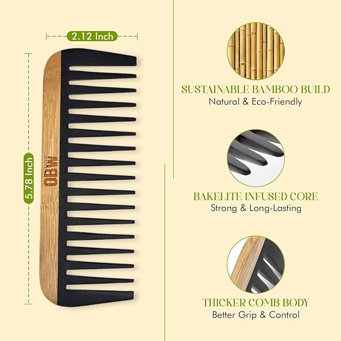 OBW Bamboo Wide Tooth Comb – Detangler for Curly, Thick & Natural Hair – Dimensions: 5.8x2.1 in, 1.1 oz - Lightweight & Durable Bakelite-Infused Comb for Men & Women – Anti-Frizz Hair Tool by ORW