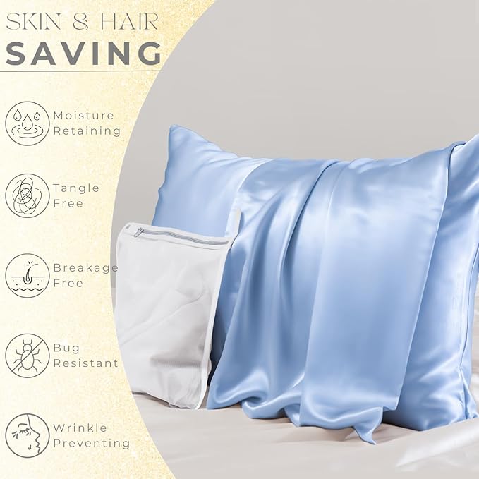 PROMEED 23 Momme Silk Pillowcase 2 Pack for Hair and Skin, 3rd Gen Grade 6A+ 100% Mulberry Silk Pillow Case Set of 2, Cooling Pillow Cases for Hot Sleepers (Standard 20"x26", Light Blue)