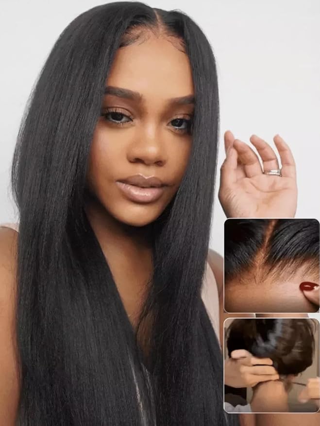 Julia Hair No Slip Yaki Straight 7x5 Lace Closure Glueless Drawstring Wig Flexible Mesh Cap Bye-Bye Slip Pre Cut HD Lace Front Pre Everything Bleached Knots Wear and Go Wig,Zero Slip Hold 16 Inch