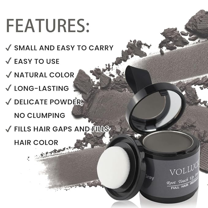 VOLLUCK Root Touch up Powder, Instant Hairline Powder for Thinning Areas and Gray Hair Coverage, Natural and Non-greasy Root Cover up for Women and Men (Gray, 0.35 Ounce)