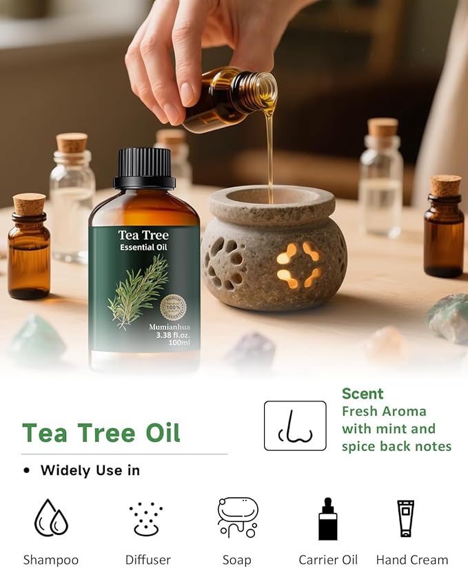Pure Tea Tree Essential Oil, Mumianhua Natural Purifying Oil for Home & Outdoor Protection, Aromatherapy for Cleansing Air, Diffuser, Hair, Skin & Nail Care, 3.38 Fl Oz