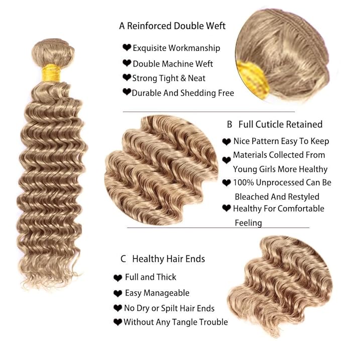 30 32 34 Inch Ash Blonde Bundles Human Hair Color #22 Deep Wave Bundle Blonde Deep Wave Bundle Virgin Remy Hair Extensions Light Blonde Color