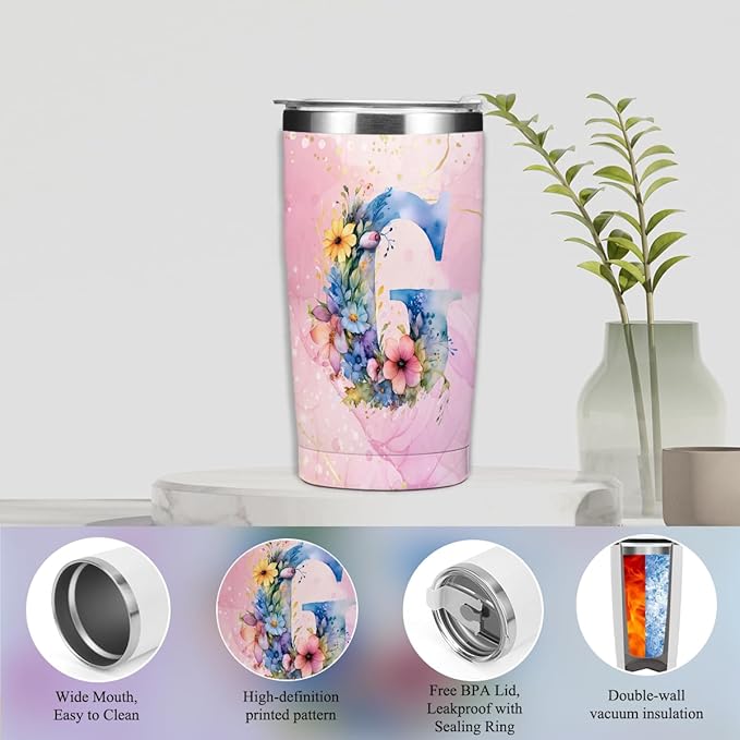 Personalized Gifts Monogrammed Birthday Gifts for Women, Her Employee Housewarming Christmas Initial 20 oz Tumbler, Makeup Bag Cup Ballpoint Pens Journal Notebook 6 Set, (Aesthetic Pink Flower G)