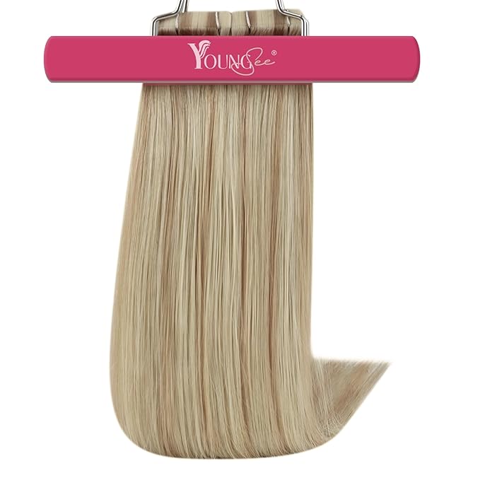 YoungSee Tape in Hair Extensions Human Hair Highlight Real Hair Tape in Extensions Highlight Light Blonde and Strawberry Blonde Tape-on Hair Extension Natural Straight Hair 22In 20pcs 50g