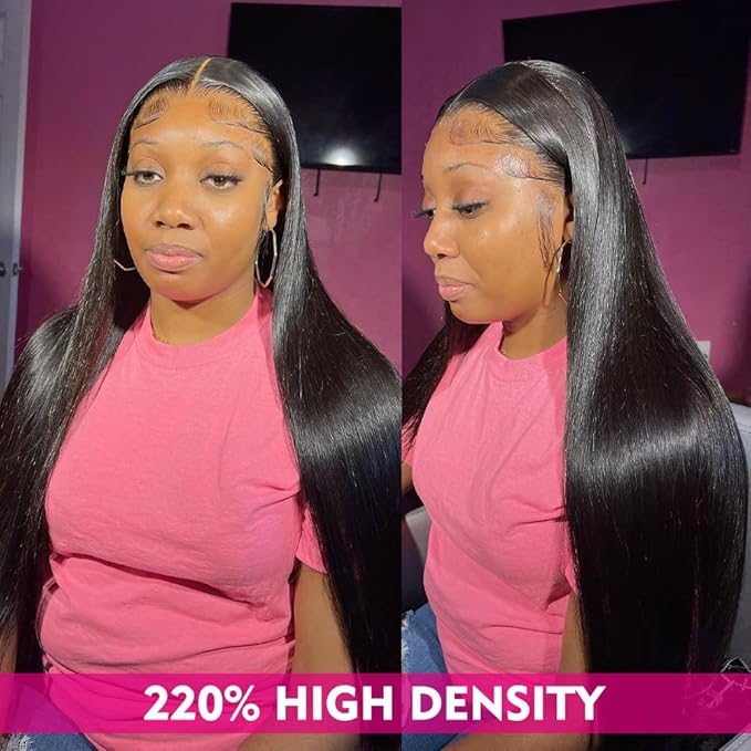 Iris Queen 12A 220 Density 13x4 HD Lace Front Wigs Human Hair Pre Plucked Straight Virgin Human Hair Transparent Lace Frontal Wig for Black Women Natural Black Color(24 inch)