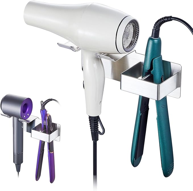 Hair Dryer Holder, Hair Straightener Holder Wall Mount, Hair Tool Organizer, Hairdryer and Straightener Holders, Adhesive Hair Tool Storage for Blow Dryer, Curling Iron, Flat Iron Stand (Silver)