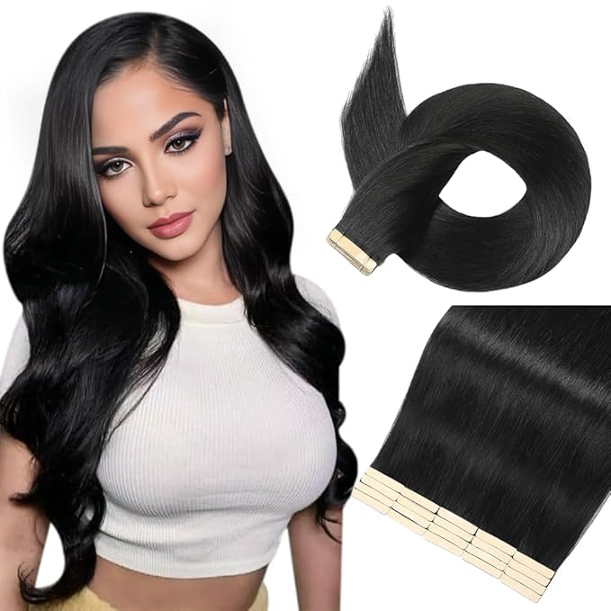 Tape in Hair Extensions Human Hair,14 Inch Seamless Tape In Hair Extensions Real Human Hair 20Pcs Jet Black Tape Ins for Women