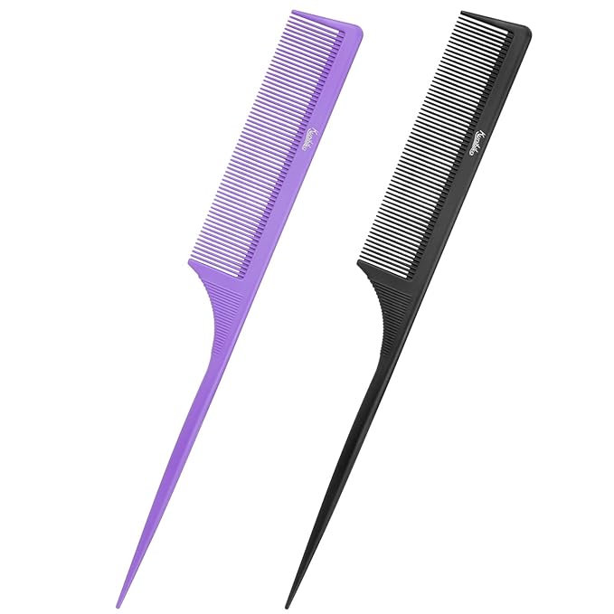Rat Tail Comb2-in-1 Fine Tooth Parting Comb & Root Teasing Comb for Women - Carbon Fiber, Anti-Static, Purple & Black