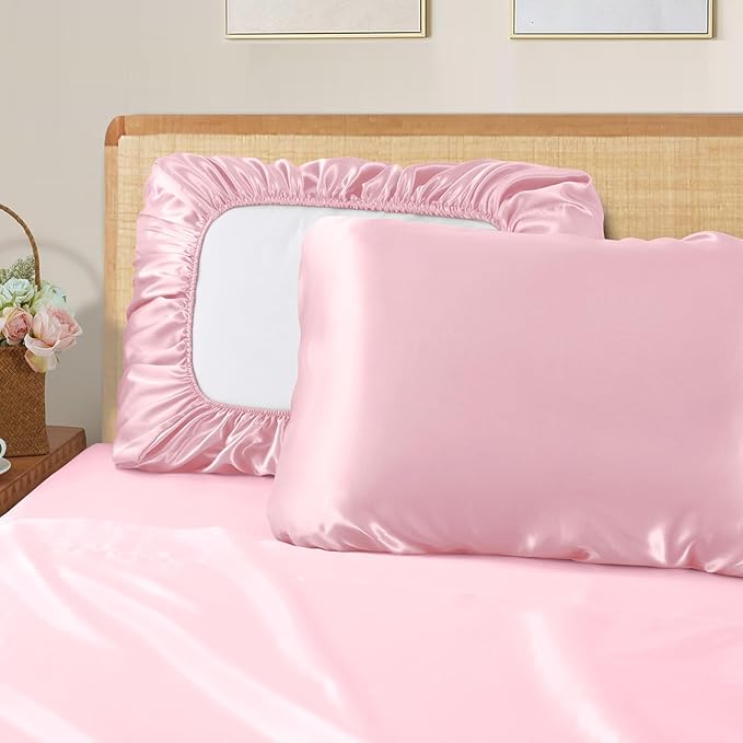 SiinvdaBZX Blush Pink Satin Pillowcase Standard/Queen Size Set of 2, Silky Travel Elastic Band Satin Pillow Case for Hair and Skin, Soft Portable & Fit for Various Pillow