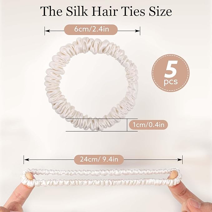 5 Pcs 19 Momme Pure Mulberry Silk Skinny Scrunchies and Ponytail Holders for Women's Hair Sleep