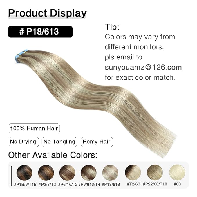 SUYYA Tape in Hair Extensions Human Hair Ash Blonde Highlighted Bleach Blonde 30 Inch 60g/pack 20pcs Straight Seamless Skin Weft Tape in Real Human Hair Extensions (30 inch #P18/613)