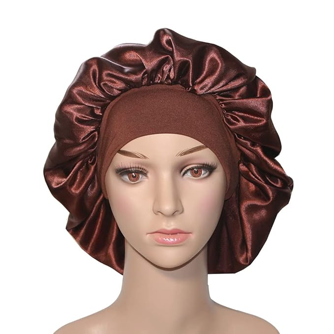 VEYRNEIC Hair Satin Bonnet For Sleeping Shower Caps Silk Chemo Caps with Wide Elastic Band Night Sleep Cap Bonnets for Black Women Braids with Satin Storage Bag(Brown)