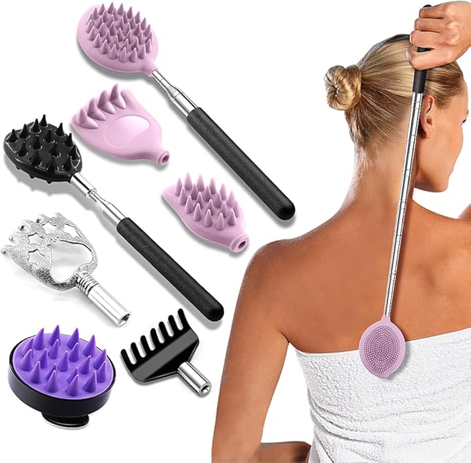 Back Scratcher Extendable with 6 Detachable Scratching Heads and Hair Scalp Massager for Itches Lotion Application Spa Adults Women Men Seniors The Disabled Baby Purple
