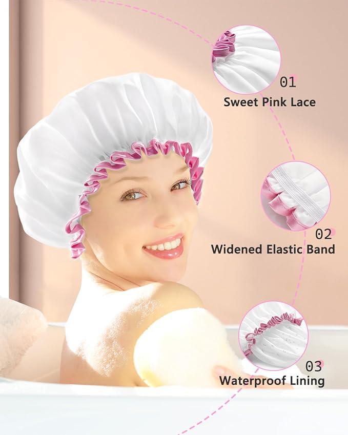 mikimini White Large Shower Caps for Women Long Hair Pack of 2, Reusable Waterproof Double Layers Bathing Hair Cap Soft Comfortable PEVA Lining, Cute, Non-fading & Stretchy Shower Hat X-Large