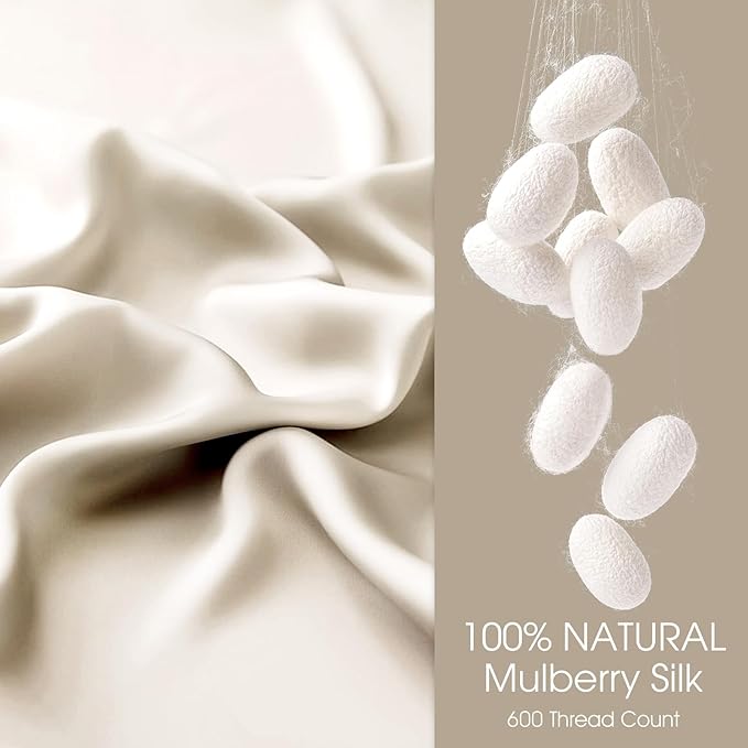 100% Silk Pillow Cases 2 Pack Standard Size Mulberry Silk Pillowcase for Hair and Skin Set of 2 Highest Grade 6A Silk Soft Breathable Cooling with Hidden Zipper, Beige