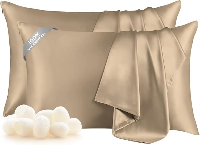 THXSILK Set of 2 100% Mulberry Silk Pillowcase for Hair and Skin Health, Soft Breathable and Smooth Pillowcases with Hidden Zipper, Both Sides Premium Grade 6A+ Silk, Standard 20"x26", Taupe