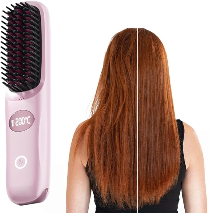Cordless Hair Straightener Brush: Portable Rechargeable Heated Straightening Comb with LED Display & 3 Temperature Settings - Travel Hair Brush for Smooth Frizz-Free Styling (Pink)