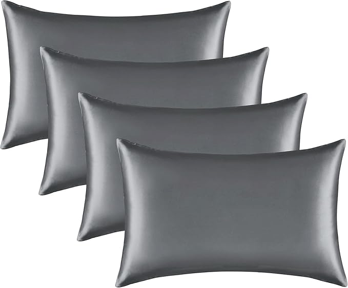 Satin Silk Pillowcase for Hair and Skin, Black Pillow Cases Standard Size Set of 4 Pack Super Soft Pillow Case with Zipper Closure (Gray, Standard(4 Pack))