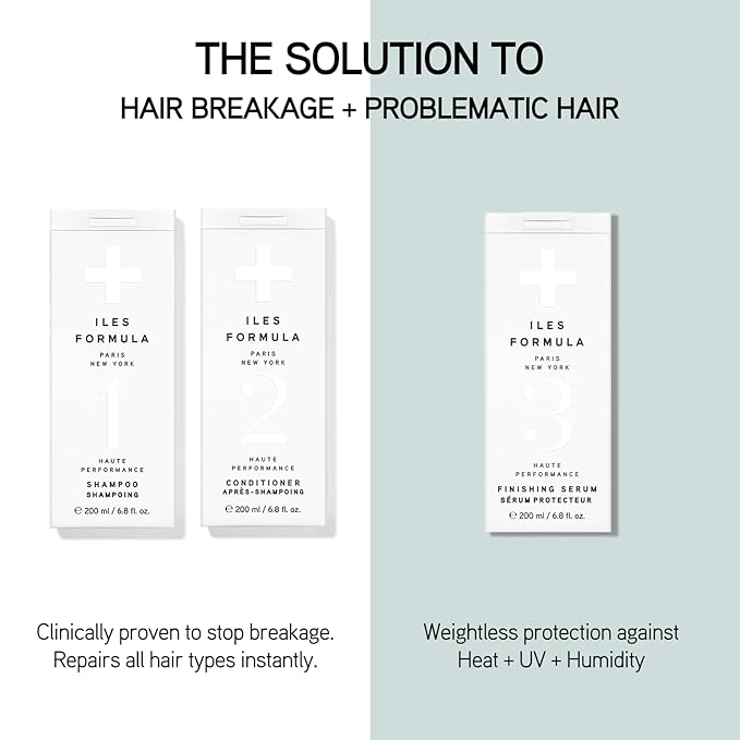 ILES FORMULA Haute Performance Shampoo + Conditioner + 100% Silk Hair Tie Set – Deep Cleanse, Detangle & Repair Damaged Hair – Color Safe, Sulfate-Free, for All Hair Types & Extensions (200 ml Each)