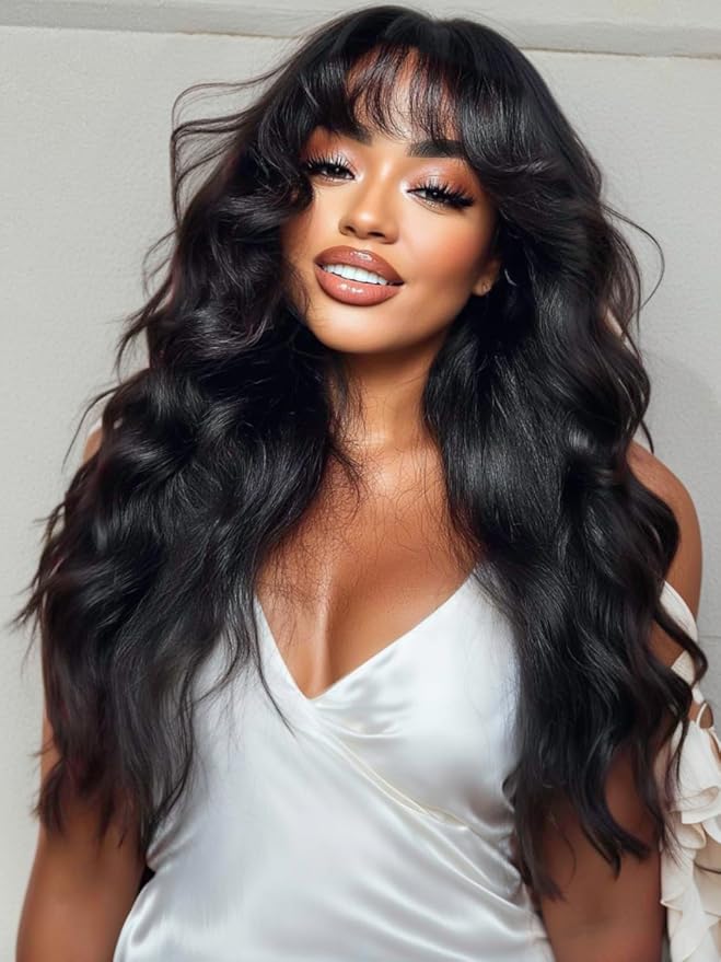 KLAIYI Fluffy Body Wave Curtain Bang Wig Bye Bye Knots Glueless Pre Cut 7x5 Lace Front Wigs Human Hair Loose Wave Pre Bleached Pre Plucked Pre Everything 3S Easy to Wear and Go Wig 180% Density 20Inch
