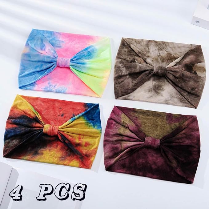 Wide Headbands Stretch Turban Knotted Hairbands Elastic Yoga Workout Sweatband Running Sport Head Scarf Large African Head Wraps for Women 4 Pcs (Set E)