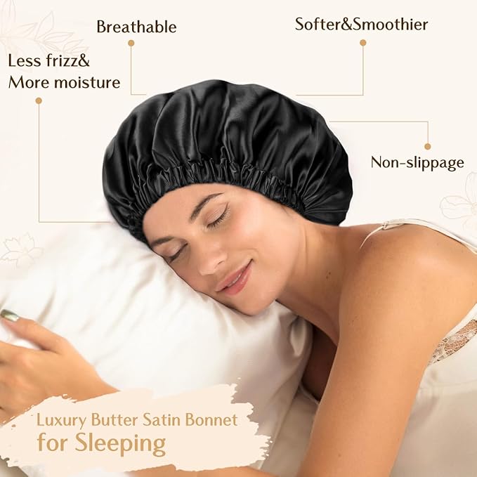 YANIBEST Adjustable Satin Bonnet Double Layer Hair Bonnet for Sleeping Bonnets for Women Hats Curly Natural Hair, Navy Blue