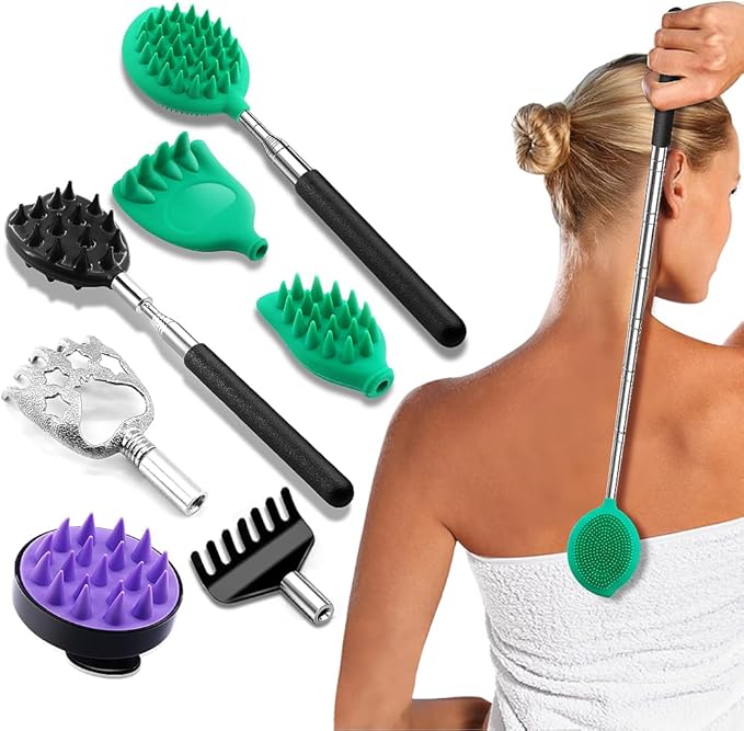 Back Scratcher Extendable with 6 Detachable Scratching Heads and Hair Scalp Massager for Itches Lotion Application Spa Adults Women Men Seniors The Disabled Baby Green