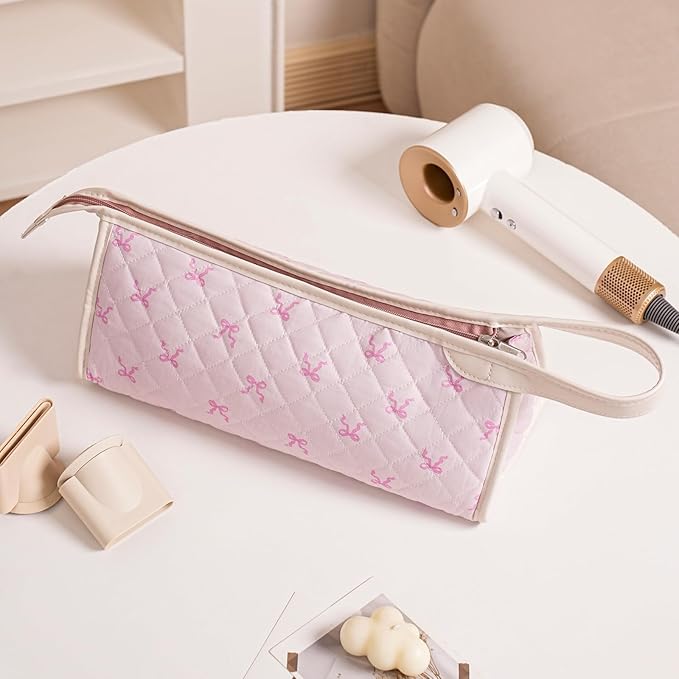 Large Quilted Hair Tools Travel Bag,Aesthetic Hair Styling Accessories Storage Case for Flat Irons,Straightener,Curling Iron,Hair Dryer,Dyson Airwrap Travle Bag,Portable Organizer（03Pink Bow）