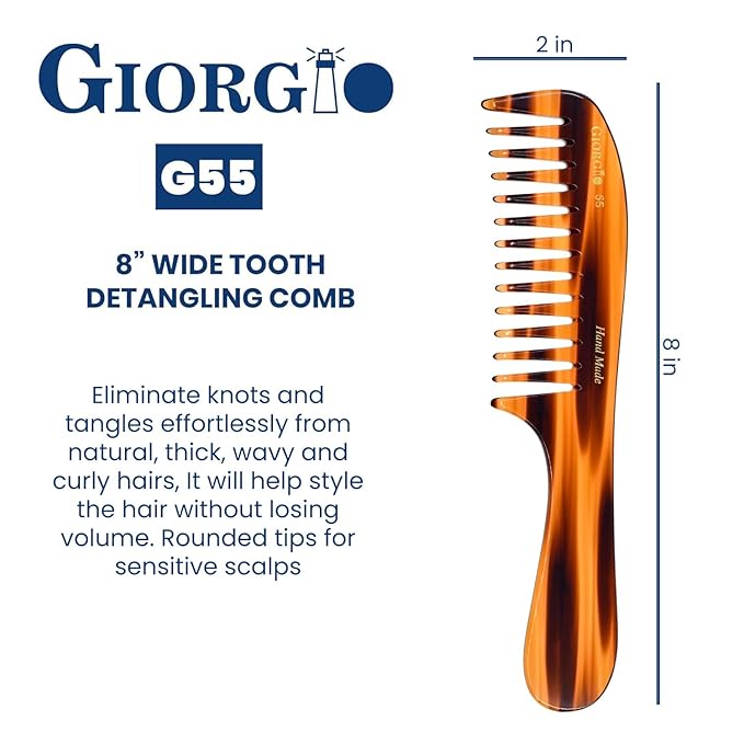 Giorgio G55 Wide Tooth Comb for Wet Hair Detangling, Thin to Medium Thickness Hair Detangler, Hair Combs for Women and Men, Handmade Large Tooth Rake Comb Saw-Cut and Hand Polished
