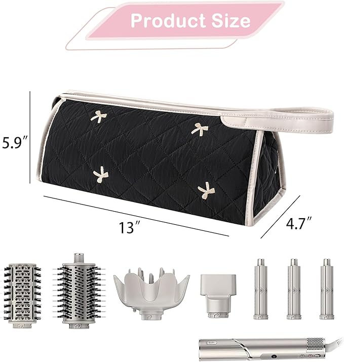 Large Quilted Hair Tools Travel Bag, Waterproof Aesthetic Hair Styling Accessories Storage Case for Flat Irons,Straightener,Curling Iron,Hair Dryer,Dyson Airwrap Travle Bag（02Black Bow）