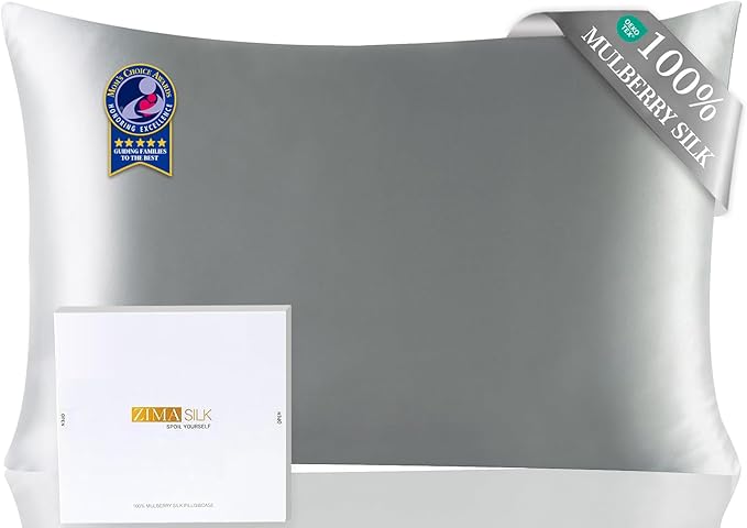 ZIMASILK Upgraded 100% Pure Mulberry Silk Pillowcase for Hair and Skin Silk Pillow Cases with Reinforced Hidden Zipper, More Soft & Durable Highest Grade 6A Silk, Gift Box 1Pc (Queen 20"x30", Grey)
