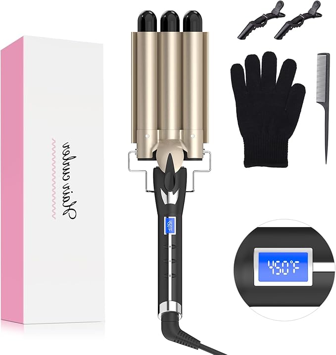 Hair Curler 0.86 Inch for SMALL CUTE WAVES, AIMERVO 22MM Triple Barrels Curling Wand Rod with LCD Display 15 Temp Control up to 450°F, Ceramic Tourmaline, 30S Heat-Up, Wavy Crimps for All Hair lengths