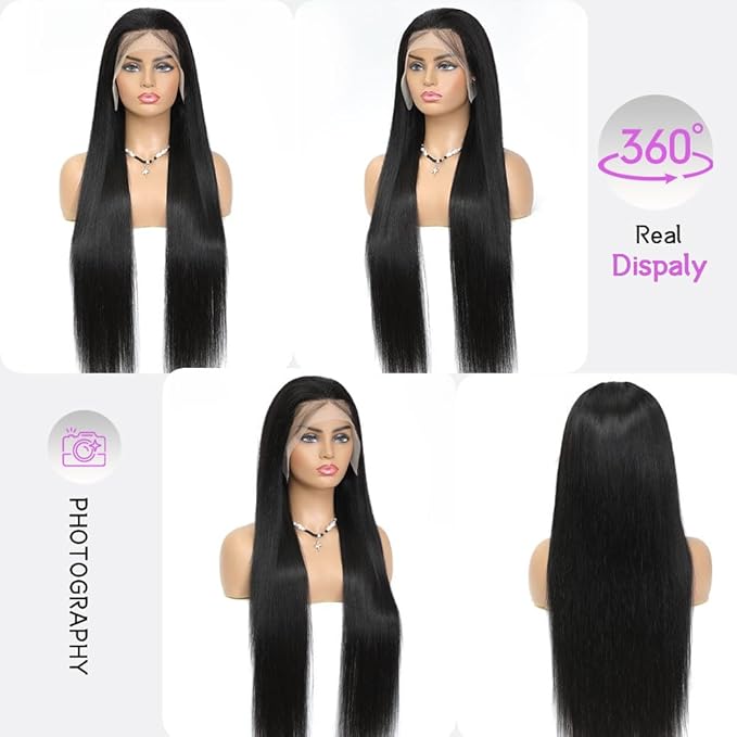 32 Inch 13x6 Lace Front Wigs Human Hair Full Real Virgin Hair Can Last 6-9 Months Life Straight Human Hair Wig 200% Density Soft Silky Smooth HD Lace Frontal Wigs Tangle-Free Natural Black