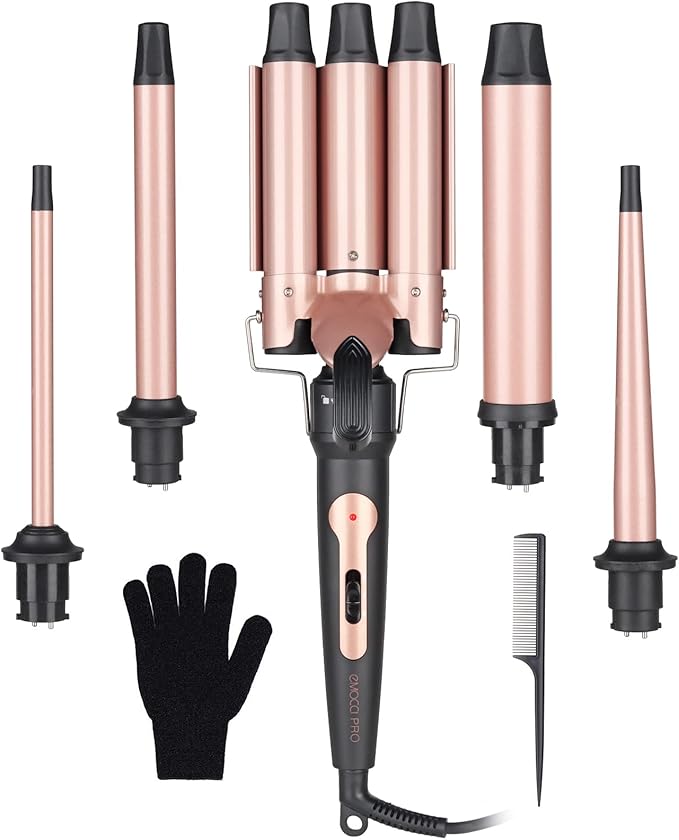 Wand Curling Iron Hair Crimper, Emocci Pro Large 3 Barrel (0.35"-1.25" Ceramic Barrel) Hair Crimper for Women Beach Waves Instant Heat Hair Waver Set for Long Hair Curlers 5-in-1 Curling Wand Set