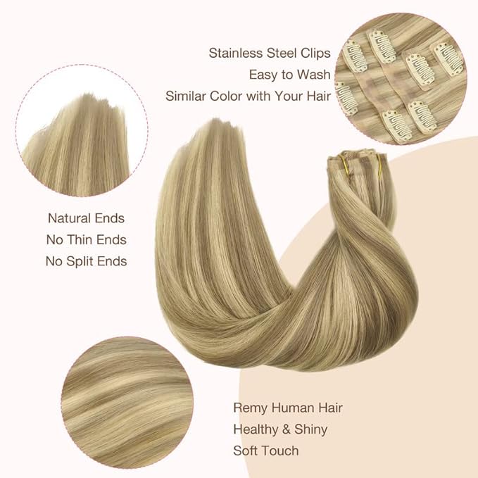 GOO GOO Clip in Hair Extensions Real Human Hair, Remy Human Hair Extensions Clip ins for Women, Natural Human Hair, 16inch 110g 7Pcs, 16/22 Light Blonde Highlighted Golden Blonde