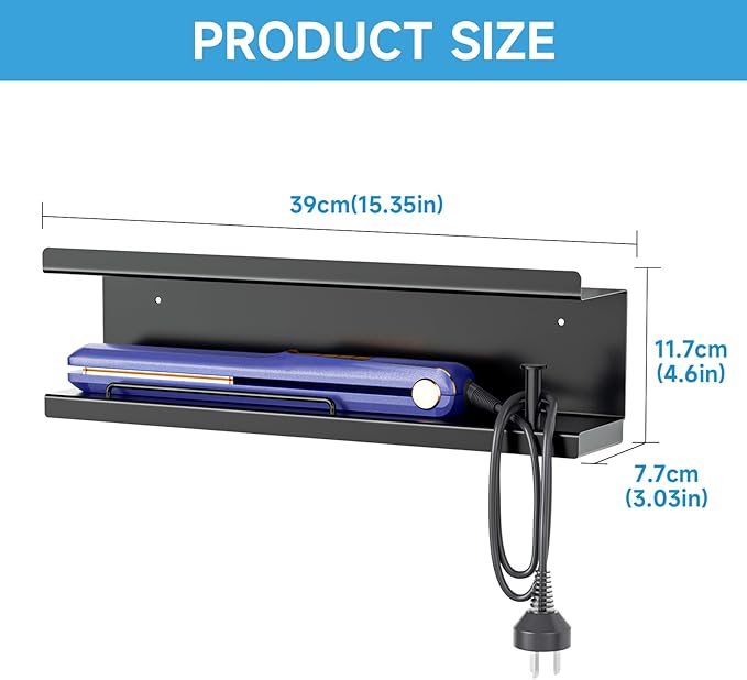 Hair Dryer Holder Wall Mounted Curling Iron Accessories Storage, Straightener Holder, Blow Dryer Holder Organizer, Adhesive Drilling Hair Tool Organizer for Bathroom (Black)