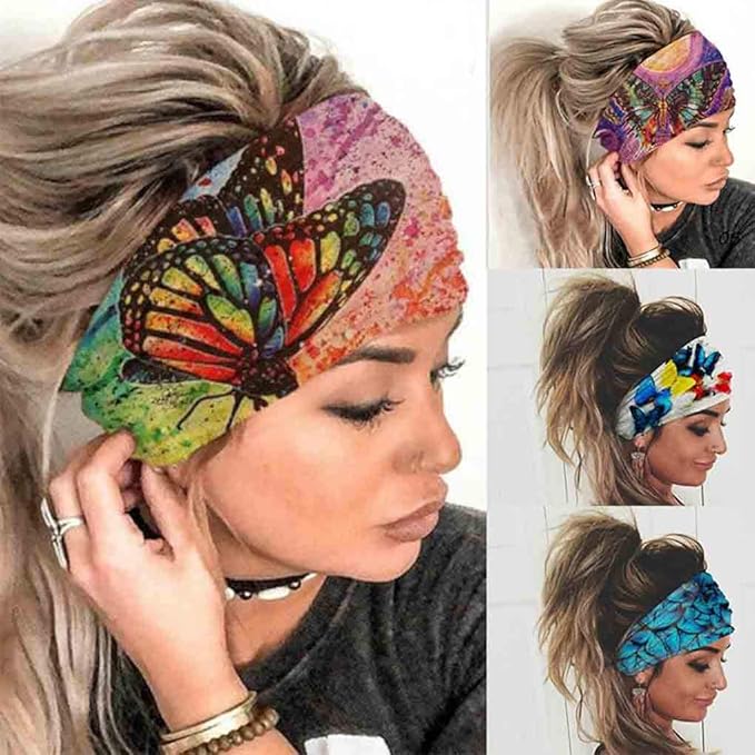 Olbye Wide Boho Headbands Headwrap Butterfly Stretch Button Hair Bands Bandana Yoga Running Athletic Turban Head Bands Head Scarfs Hair Accessories for Women 4Pcs (Boho)
