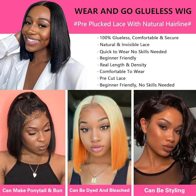Wear and Go Glueless Bob Wig, 10 Inch, 180% Density, Human Hair, Natural Black, No Shedding, No Tangle, Adjustable Elastic Cap