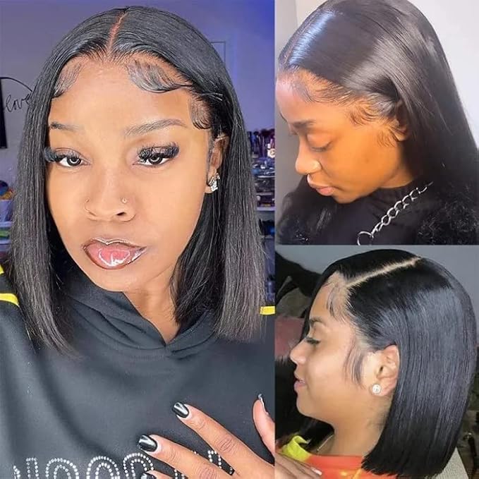 180 Density Bob Wig Human Hair 13x4 HD Frontal Bob Wigs Human Hair Bob Lace Front Wigs Human Hair Pre Plucked Brazilian Virgin Natural Black Wig 8 Inch