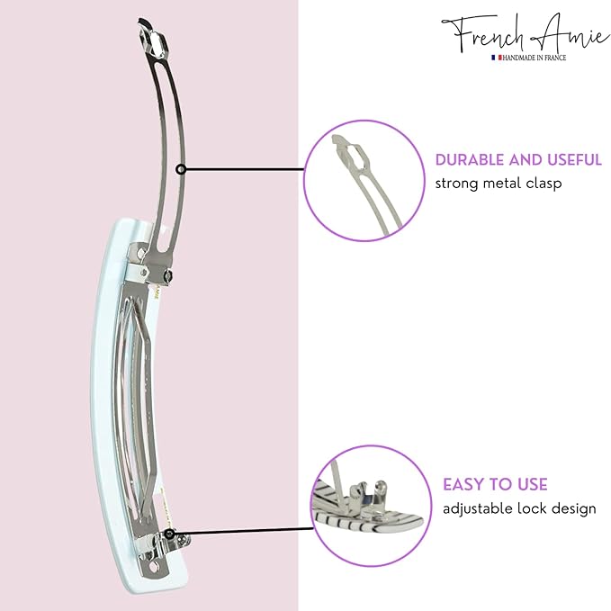 French Amie Long Rectangle Large 4” Frost White Handmade Celluloid Automatic Hair Clip Barrette (Frost White)