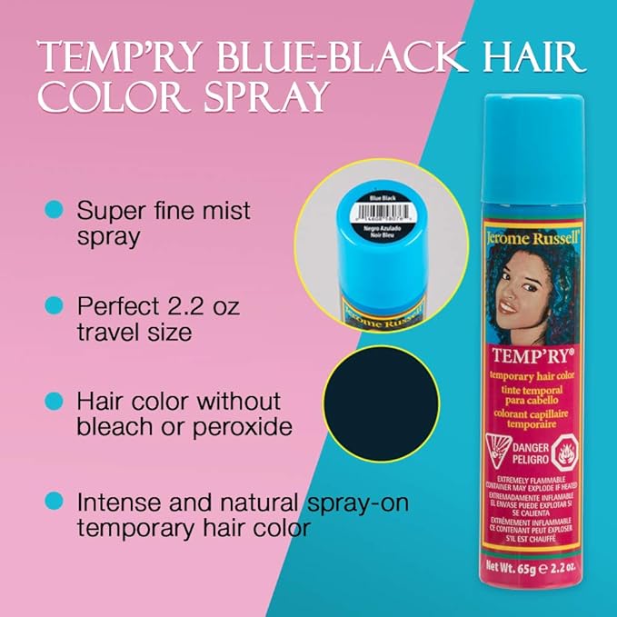 Jerome Russell Temporary Hair Color Spray, Blue Black - Intense Spray-On Temporary Hair Color, Fast-Drying, Non-Sticky, Travel Size Hair Dye for Instant Vivid Hair Color, 2.2 oz